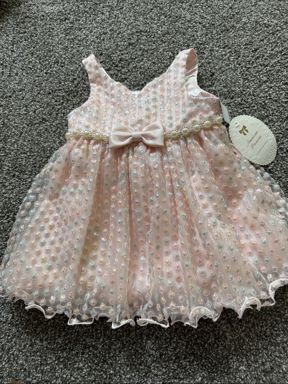 American Princess Pale Pink Pearl-Trim Bow Party Dress